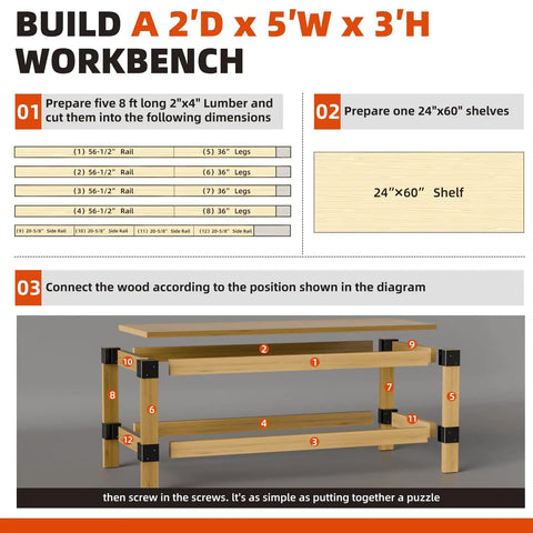 Heavy Duty Steel Corner Bracket Kit For DIY Workbenches And Shelves with diagram and assembly instructions.