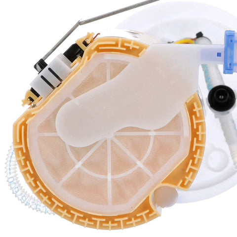 Straight Up Fg2186 Fuel Pump Module Assembly top view showing gold plated sensors and filter design for efficient performance.