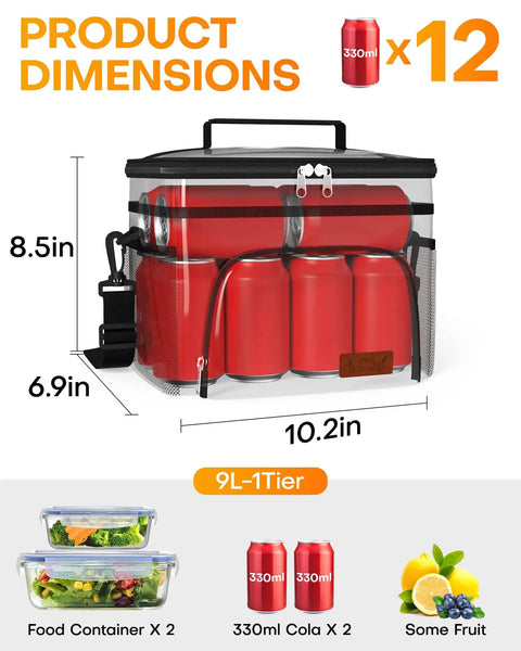 Premium 9 Liter Soft Sided Cooler Bag With Leak Proof Design Keeps Your Grub Fresh All Day Superior Triple Layer Insulation with dimensions and beverages.
