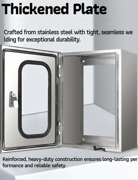 Beat The Weather Heavy Duty Wall Mount EV Charger Enclosure showing stainless steel interior with clear viewing lens and secure latch.
