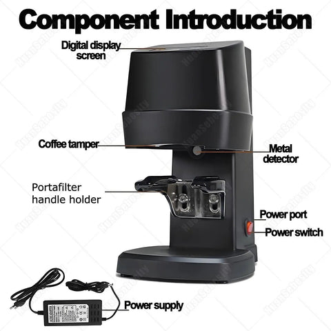 Heavy Duty Automatic Coffee Tamper With Adjustable Pressure Dial For Home Baristas And Specialty Shops showing component details and digital display.