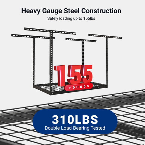 Heavy Duty Overhead Garage Storage Rack Free Up Floor Space With This Bad Boy Steel Ceiling Mount displaying 155 lbs load capacity in black.