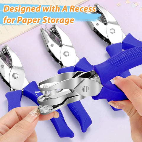 Four Pack Shape Hole Punch Set With Soft Grip For Binder Scrapbooking And Cards No Boring Holes One Quarter Inch Circle Heart Star Triangle shown with blue handles and paper storage slot