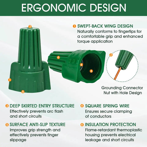 Winged Ground Wire Connector Nuts With Hole, Spring Loaded Wire Nuts For Safe Electrical Connections, ergonomic design features displayed