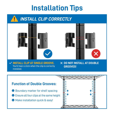 Installation tips for Heavy Duty Hella Sturdy Four Tier Metal Wire Shelving Unit with adjustable clip placement and groove functions.