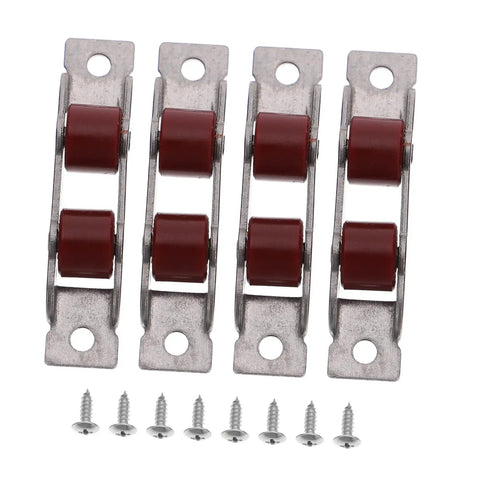 Eight Piece Heavy Duty Double Wheel Pulley Kit For Effortless Smooth Gliding Sliding Screen Doors And Window Track Replacement Barn Door Rollers With Dead Simple Setup showing steel rollers and screws.