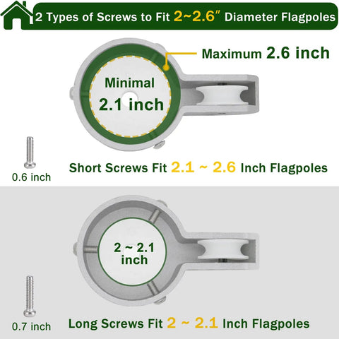 Diagram showing screw options for Garden Flag Pole Pulley And Rope Kit For 2 To 2.6 Inch Poles with dimensions