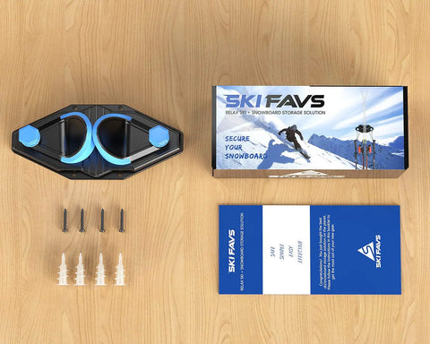 Sleek Ski Wall Mount And Snowboard Storage Rack For Garage Walls Featuring Scratch Guard Rubber Grips And Multi Pole Side Hooks For A Badass Winter Setup 1 Pack displayed with screws and instruction.