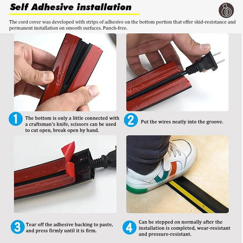Heavy Duty Floor Cable Management Protector Tubing for Home Gym and Warehouse Cords, showing self-adhesive installation steps