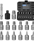 Heavy Duty Cr Mo Steel Screw Extractor Set Featuring Hex And Socket Adapters Tough 15 Piece Gear with various sizes in black case.