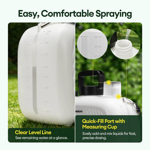 2 Gallon Battery Powered Sprayer With Automatic Pump showing clear level line and quick-fill port with measuring cup
