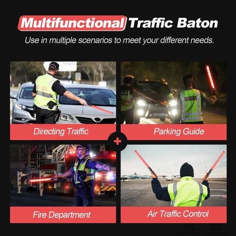 Multifunctional use of 10 Pack 21 Inch LED Traffic Wands With Dual Flashing Modes High Visibility Safety Baton for directing and guiding.
