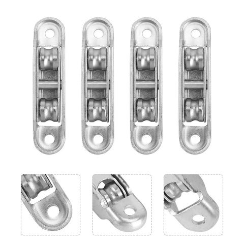 Heavy Duty 4 Pack Window Sash Pulley Wheels With Double Bearing Nylon Rollers For Smooth As Butter Gliding Sliding Doors And Glass Tracks, silver pulleys close-up.