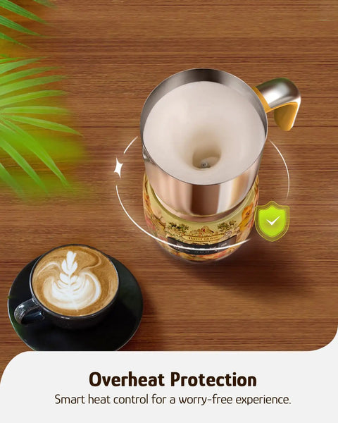 Overhead view of Detachable Milk Frother With Four Temperature Settings Delivers Barista Style Foam For Hot Or Cold Drinks Five In One Frothing And Heating Options Dishwasher Safe 400ml Perfect For Latte Cappuccino Hot Chocolate with a frothed drink on a wooden table.