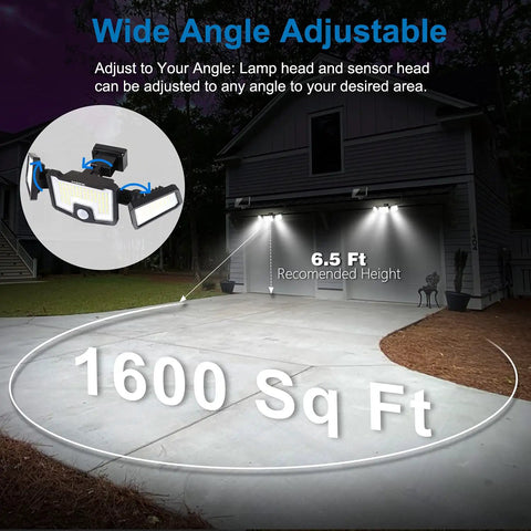 Wide angle adjustable feature of Solar Flood Lights With Motion Sensor, 2500LM Super Bright Outdoor Security Lights covering 1600 sq ft