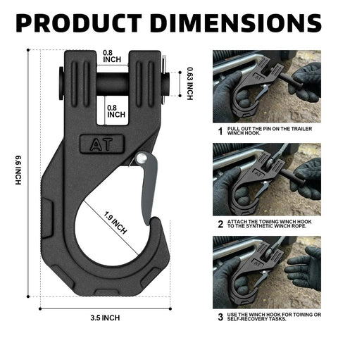 Three Eighths Inch Winch Hook Heavy Duty Forged Steel With Safety Latch Beefy 20 Ton Break Strength Dimensions and Instructions