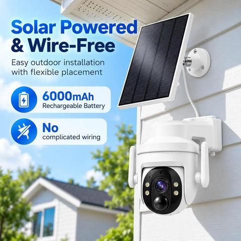 Wireless Outdoor Solar Security Camera 3MP HD with 355 View Angle mounted on a wall with a solar panel.