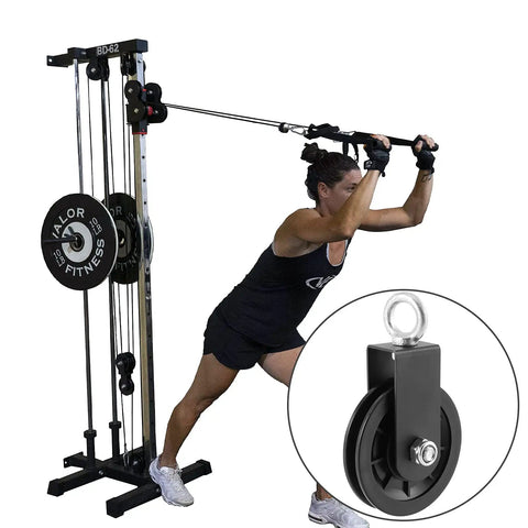 Woman using Three Pack 3.54 Inch 90 mm Pulley System Cable Pulley with Silent Bearing for exercise, close-up of pulley wheel inset.