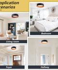 Application scenarios for Flush Mount LED Ceiling Light 13 Inch With Matte Black Finish And Wood Accent, in various rooms.