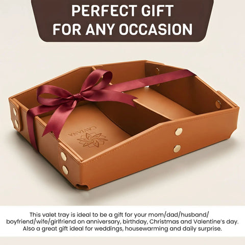 EDC Valet Tray Organizer In Saddle Tan With PU Leather Removable Divider, decorated with a bow, perfect gift idea
