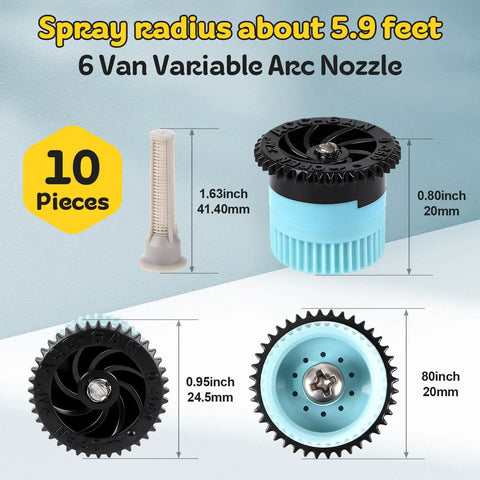 Premium Variable Arc Nozzles 10 Pack Adjustable 0 To 360 Degree Sprinkler Heads features 6 van nozzles with spray radius 5.9 feet.