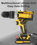Heavy Duty Cordless Electric Drill Kit Loaded With Dual 21V Lithium Batteries Straight Up Variable Speed Control for easy hole drilling.