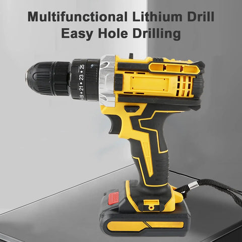 Heavy Duty Cordless Electric Drill Kit Loaded With Dual 21V Lithium Batteries Straight Up Variable Speed Control for easy hole drilling.