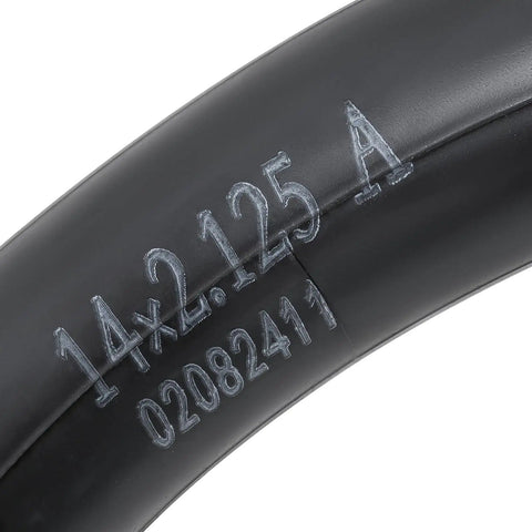 Close-up of 14x2.125 Butyl Bike Inner Tube With CR202 Bent Valve Stem Fits Most 14x1.90 14x1.95 14x2.0 14x2.10 14x2.125 Tires For Electric Scooters And E Bikes 2 Pack