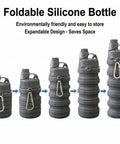 Two Pack Collapsible Silicone Water Bottles 500ml Each shown in grey with mountaineering buckle, expanded and collapsed view.