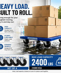 Set Of Four Five Inch Heavy Duty Caster Wheels Packed With Bully Solid Rubber Tires That Roll Smooth Across All Terrain built on a blue cart with boxes.
