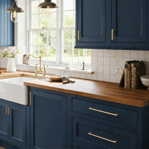 10 Pack Heavy Duty Zinc Alloy Cabinet Pulls With Premium Champagne Bronze Finish 5 Inch Hole Centers For Kitchen Drawers on navy cabinets.