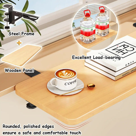 Smooth Operator Foldable Window Ledge Extender And Clamp On Desk Shelf For Books And Plants No Sweat Setup Killer Compact Design with wooden panel and steel frame.