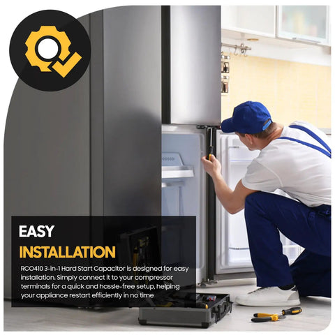 Person installing Heavy Duty RCO410 Hard Start Capacitor Kit For Refrigerators And Freezers 1 4 To 1 3 Horsepower 115 Volt AC.