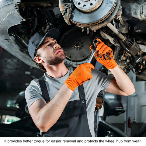 Mechanic using Seven Point Spline Tuner Lug Nut Key And Socket Wrench Replacement For Automotive Wheel Lock Removal Tool for tire repair.