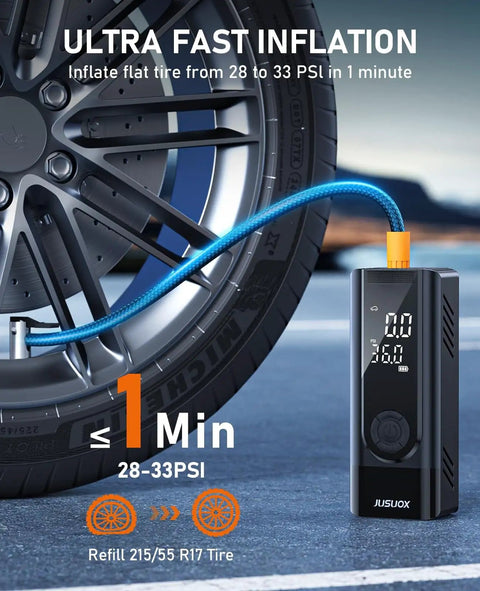 Portable Tire Inflator And Air Compressor With Dual Power Battery and 12V DC Car Bike Motorcycle Pump 150 PSI beside car tire.