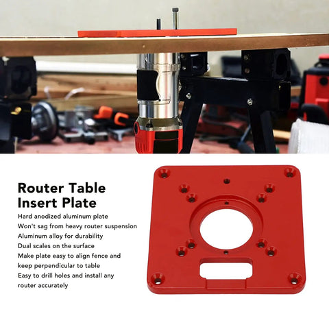 Boss Level Red Aluminum Alloy Router Table Insert Plate With Sweet Slick Surface and Dead Eye Alignment Scale Markings Plus Heavy Duty Guide Rings For Easy Woodworking Bench Upgrades installed on router setup