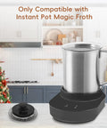 Replacement Whisks For Magic Froth 9 In 1 Electric Milk Steamer And Frother Duo Pack With Neodymium Magnets Compatible With Instant Pot Only Not For Other Brands, stainless steel whisk shown with frother on kitchen counter.