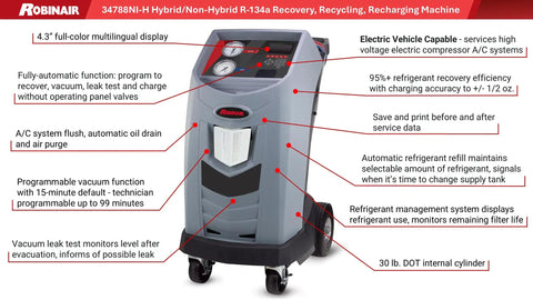 Pro Grade Full Auto R134a Shop Ready Car AC Refrigerant Recycling Recovery Recharging Unit with multilingual display and wheels.