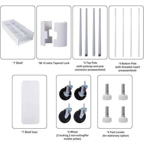 Assembly components for Seven Tier Heavy Duty Wire Shelving Unit With Wheels Adjustable Metal Rolling Rack for Garage Kitchen Pantry.