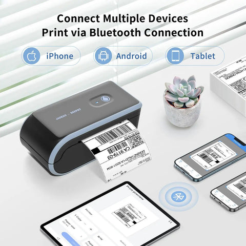 Bluetooth Thermal Label Printer With Built In Paper Bin Wireless Shipping Label Printer shown printing label, mobile phones nearby.