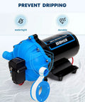 Close-up of Upgraded 2026 7.5 GPM 70 PSI 12V DC RV Water Pump with five chamber diaphragm on a white background.