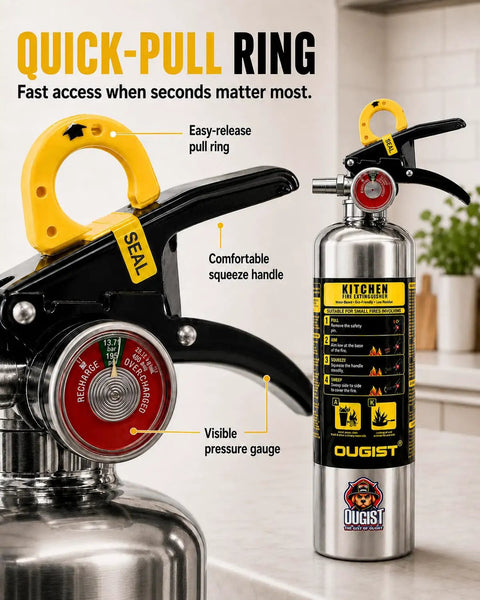 Class K Kitchen Fire Extinguisher Built For Fast Grease Cooking Flare Ups, Two Pack Of 34 Fl Oz Wet Chemical Sprayers with quick-pull ring.