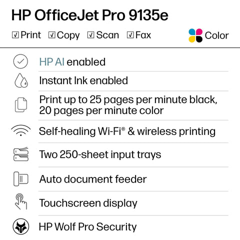 List of features for HP OfficeJet Pro 9135e including AI enablement, Instant Ink, duplex printing, and security specifications.