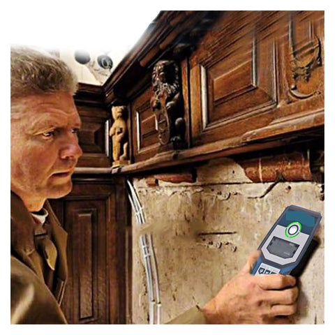 Stud Finder Wall Scanner with AC DC Voltage Test in use to detect hidden wooden studs and pipes behind drywall.