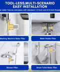 Bulletproof 40 Micron Brass Sediment Filter For Washers Reusable Water Strainer shown installed on a washing machine and shower.