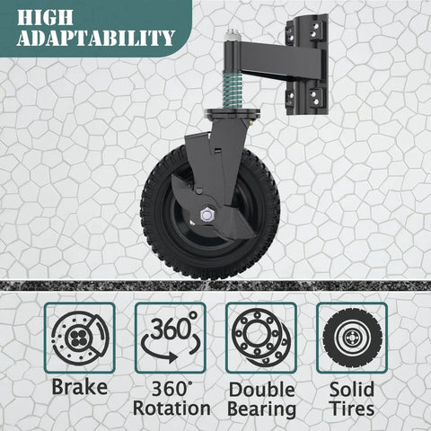 Heavy Duty Eight Inch Gate Wheel With Brake Featuring Spring Shock Absorption To Roll Smooth Over Rough Terrain Without Dragging On Wooden Or Metal Tube Fences All Year Round, showing 360-degree rotation and solid tire.
