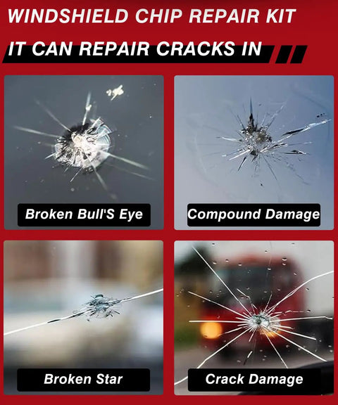 Hassle Free Windshield Chip Repair Kit Using Sun Activated Resin For Fast Auto Glass Crack Fixes Skip The Mechanic Save Some Green Quick Five Minute Diy Car Windshield Fix Two Bottle Kit with images of various windshield damage types.