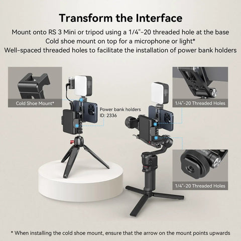 Bangin Universal Phone Holder Mount With Cold Shoe And Quick Release Clamp Rock Steady For Professional Cameras And Heavy Duty Tripods setup with cold shoe mount and tripod.