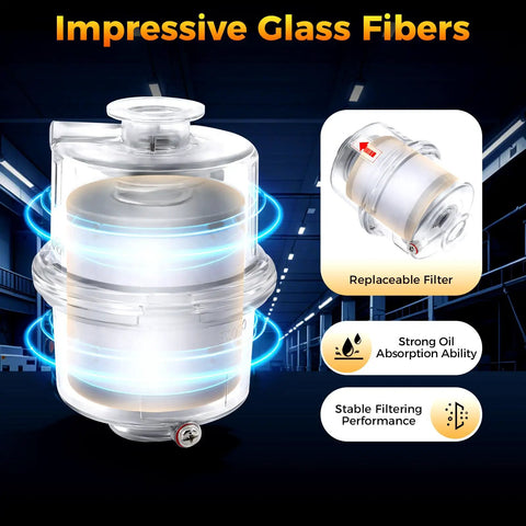 Pro-Grade Vacuum Pump Exhaust Oil Mist Filter KF25 Demister with glass fiber transparent housing and replaceable filter.