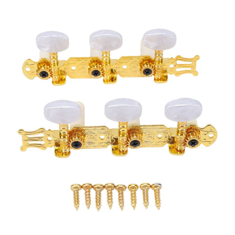 Classical Guitar Tuning Pegs Set With 1:15 Gear Ratio White Button Machine Heads For Acoustic Guitars, Heavy Duty Metal Tuning Keys, Left And Right Replacement Parts, Smooth, Durable Tuning You Can Trust. 2-pack gold set with screws